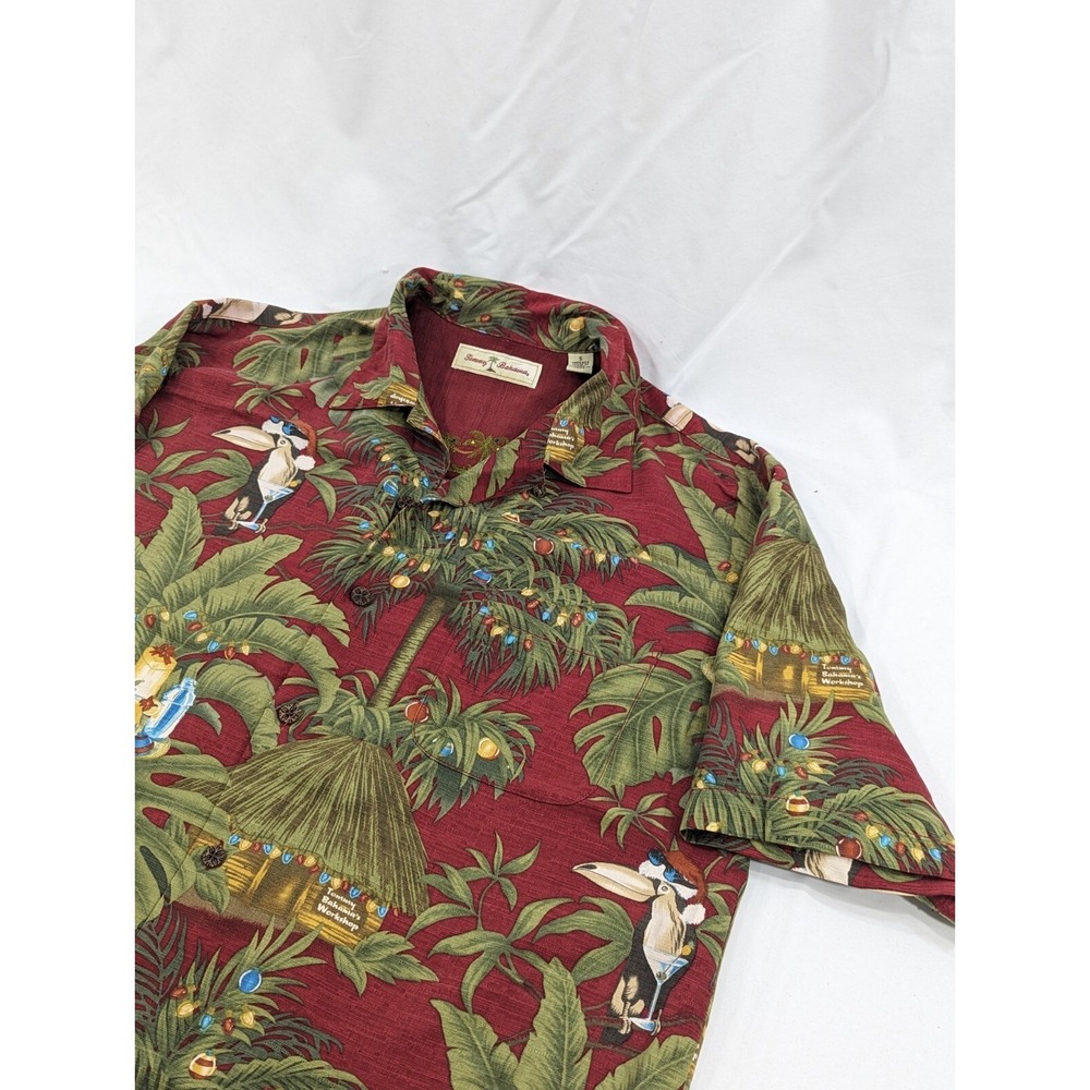 Tommy Bahama Silk Shirt Small Men Green Maroon Button Up Christmas Xmas Workshop